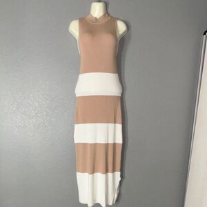 freshman1996 Knit Midi Dress Mock Neck Sleeveless Pullover Beige White Striped L